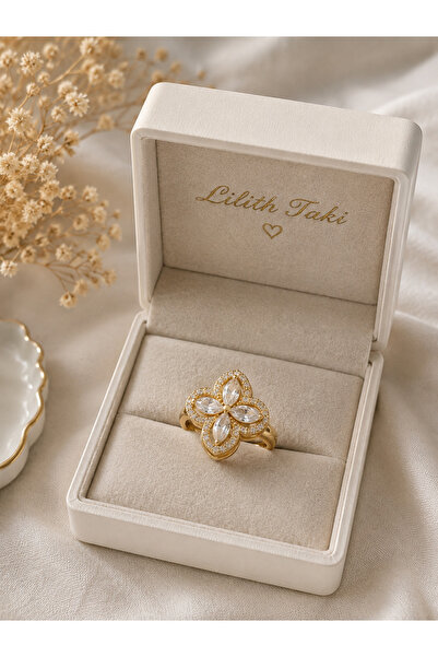 Lilith Takı ✨   Four-Leaf Flower Design Stone-Studded Stress Ring – Movable G...