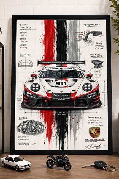 dudekohome Porsche 911 Motorsport Yarış Araba Çizim Garaj Temalı Dekoratif Çe...