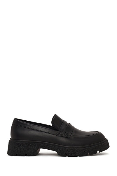 Derimod Women's Black Thick-Soled Leather Masculine Loafer Af200014Dv