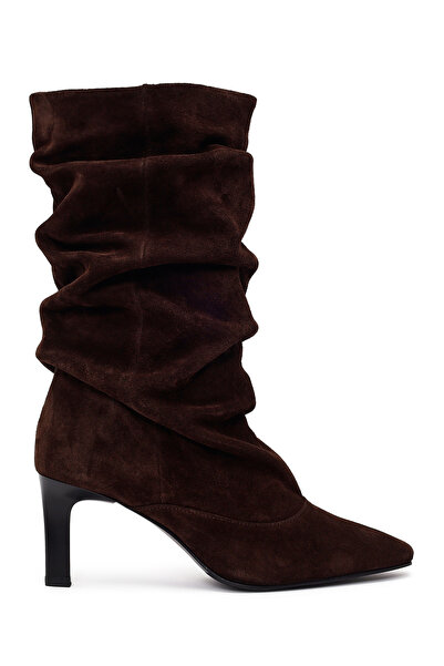 Derimod Women's Brown Thin Heeled Suede Leather Boots Wf160013Ds
