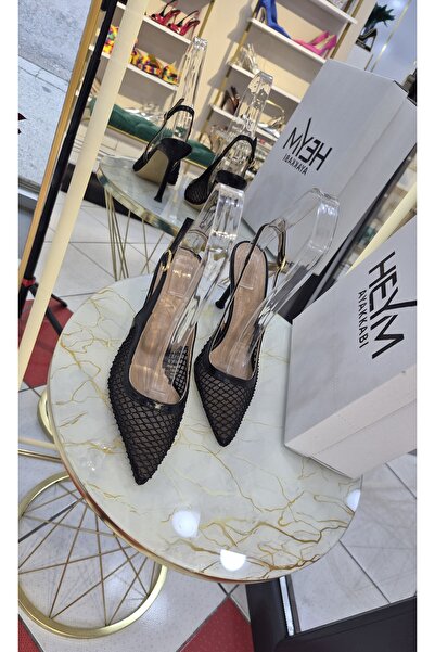 HEYM File Detaylı Sivri Burun Arkası Bantlı Kadın Stiletto (Siyah / Gümüş)