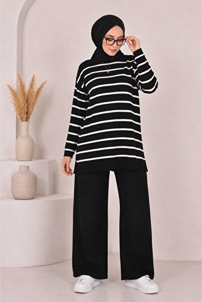 cheen Women's Hijab Striped Crew Neck Knitwear Tunic Sweater