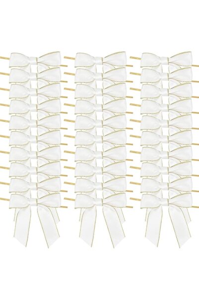 Generic 50Pcs White Satin Twist Tie Bows with Gold Edge, 3.5" Premade Ribbon ...