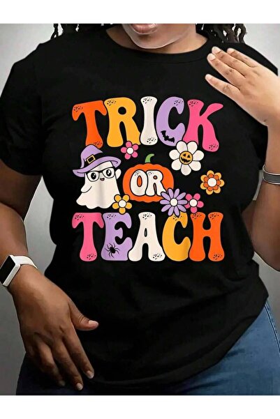 9JY تي شيرت Trick Or Teach Groovy Teacher Retro Floral Ghost Halloween Black ...