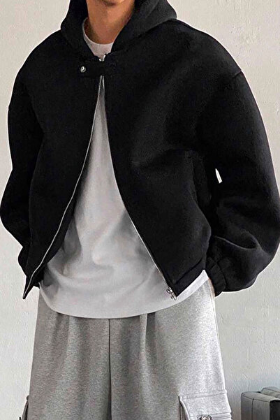 North London Men's Black Oversize Sweatshirt with Front Buttons and Zipper, Three Thread Ribbed Design