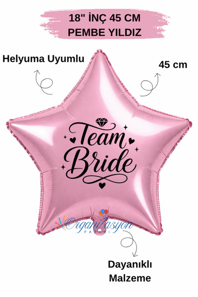 Organizasyon Pazarı 18 Inch Pink Star Foil Balloon |   Bride Team Printed |  ...