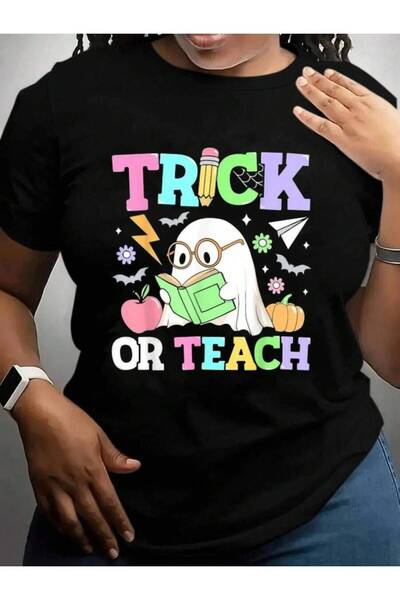 kai22 Trick Or Teach Retro Teacher Reading Ghost Womens Halloween Black Graph...