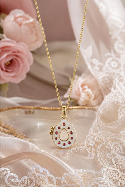 Sylvera Shop Secret Drop White Covered Locket Steel Necklace (Gold Color)
