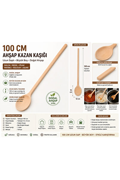 Ms. Iron 100 Cm Ahşap Kazan Kaşığı Uzun Saplı Büyük Boy Salça Reçel Pilav Kar...