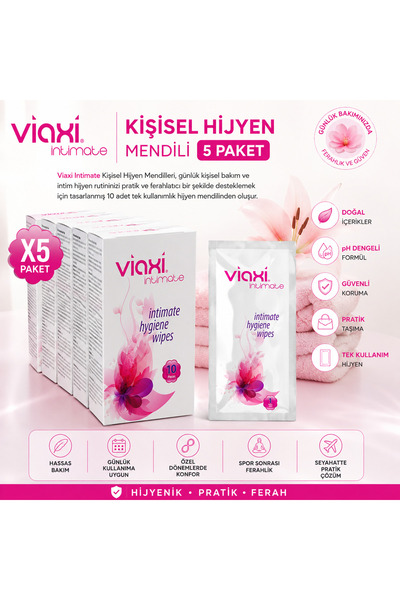 Viaxi Intimate Cleaning Wipes 10 Pieces, Intimate Hygiene Wipes X 5 Packs