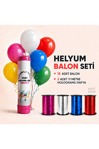 Parti Plato 1,1 L Helyum Balon Seti 15 Balon 2x11 m Hologramlı Rafya Uçan Bal...