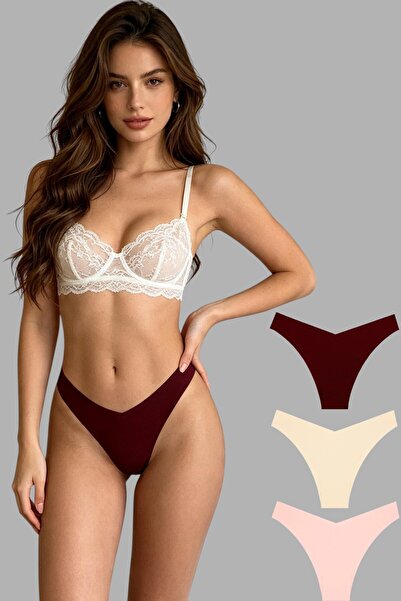 Kadın Renkli 3'lü Lazer Kesim Dikişsiz V Kesim Brazilian Külot Seti