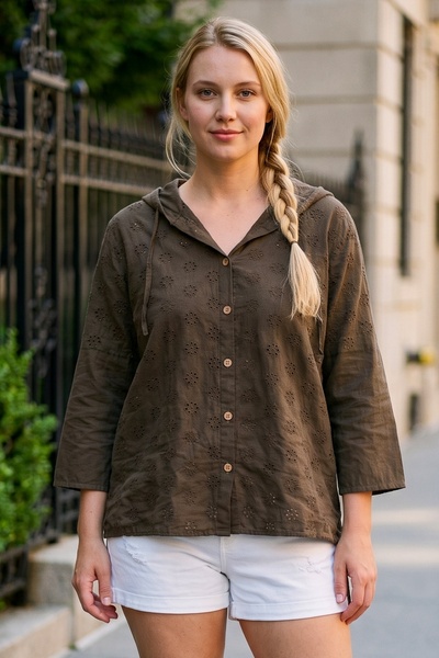 Chiccy Brown Hooded 3/4 Sleeve Buttoned Side Tie Embroidered Cotton Woven Jac...