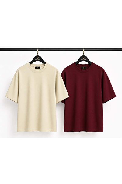 Vasto Moda Ekru - Bordo 2'li Erkek Oversize Tişört