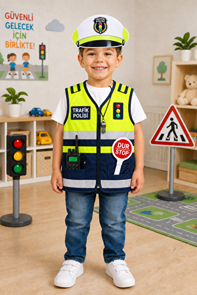 GREATOY Çocuk Trafik Polisi Kostümü 2 Parça Karton Yelek ve Şapka Seti – İpli...