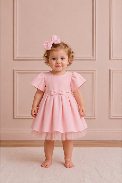 GOLD TEKSTİL Girl's Tulle Bow Evening Dress and Buckle Set Birthday and Speci...