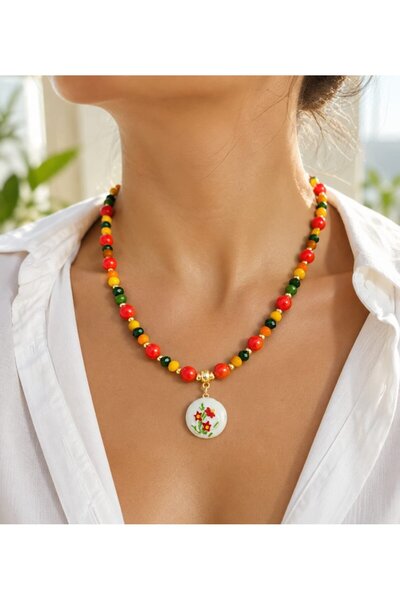 Sinem Şanlı Atelier Orange Colored Glass Bead Flower Necklace