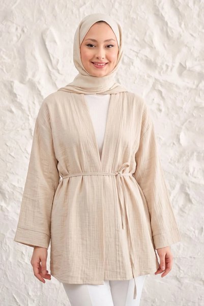 Modestim Tesettür Önü Bağlamalı Kimono Tesettür Tunik Bej Oversize Yeni Sezon...