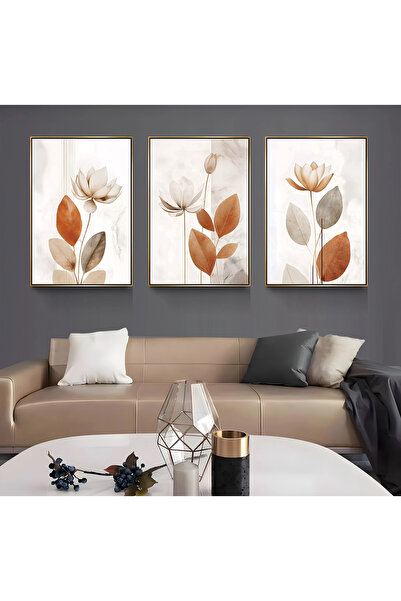 EMYA HOME Σετ 3 τεμαχίων από καμβά με χρυσό μεταλλικό πλαίσιο και λουλούδια