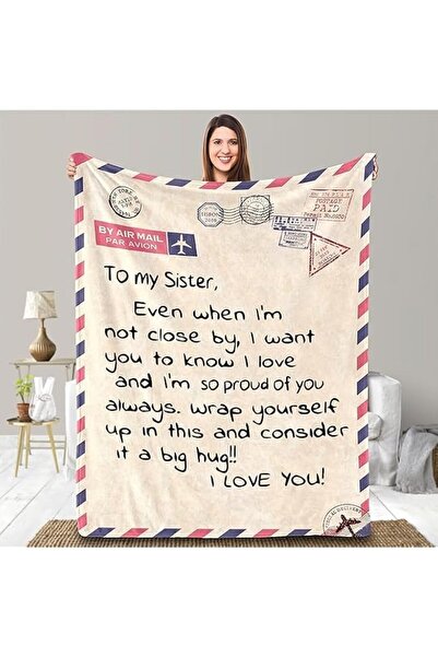 Generic Sister Love Letter Blanket, Air Design, Beige with Red and Blue Borde...