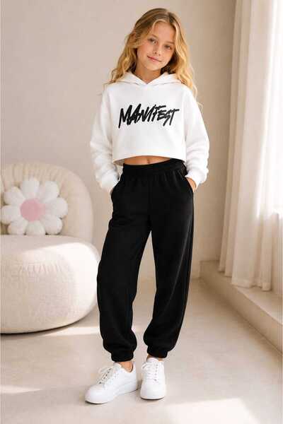 BEBEĞİME ÇORAP Girls' Manifest Printed Hooded Sweatshirt and Jogger Sweatpant...