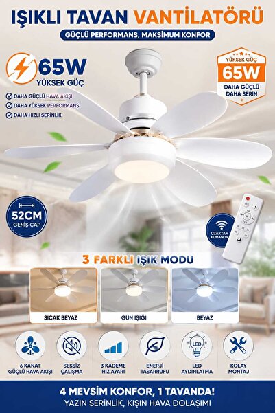 Laraheiser E27 Duylu Kumandalı 6 Kanatlı Pervaneli Led Tavan Lambası 65W 3 Re...