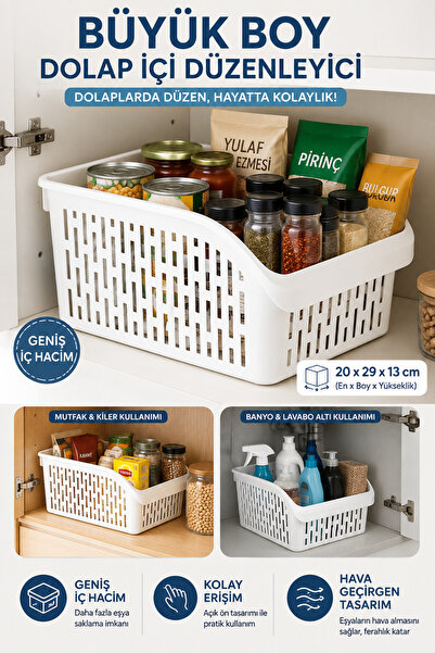 Hane Dostu Büyük Boy Dolap İçi Düzenleyici Sepet 20x29x13 cm Mutfak Banyo Kil...
