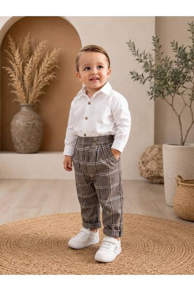 favorimkids 2-Piece Boy's Set with Brown Plaid Pants