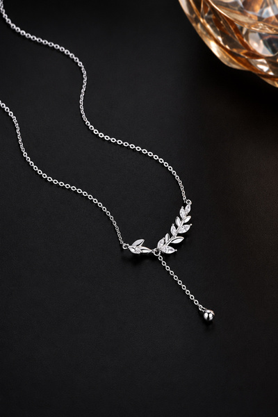 THE Steel Silver Color Zircon Stone Leaf Figured Dangle Women's Necklace