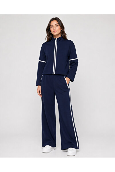 De Carte Women's Modal Fabric Stripe Detailed Stand Collar Zippered Wide Leg ...