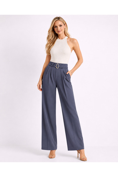 De Carte Women's High Waist Belt Buckle Pleated Modal Fabric Wide Leg Sweatpants
