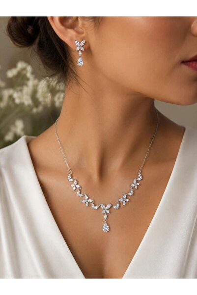 CM Jewelry Butterfly Figured Zircon Stone Steel Necklace Earrings Jewelry Set