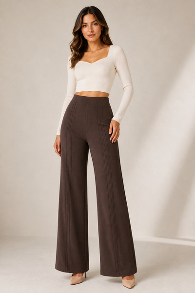 De Carte Women's High Waist Modal Fabric Sweatpants with Front Stitching Detail