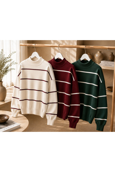 oneoff Women's 3-Piece Striped Knitwear Sweater Oversize Loose Design