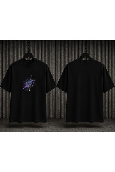 Cosmic Moon Ay Baskılı Kısa Boy Oversize Siyah Unisex Tişört