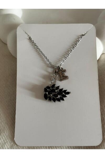 bijoux uniques Siyah zirkon taşlı kuğu model E harfli 316L çelik kolye