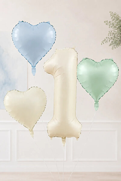 Atölye Mi 1 Year Old Retro Blue Green Cream Heart Foil Balloon Set 44 1 Year Old