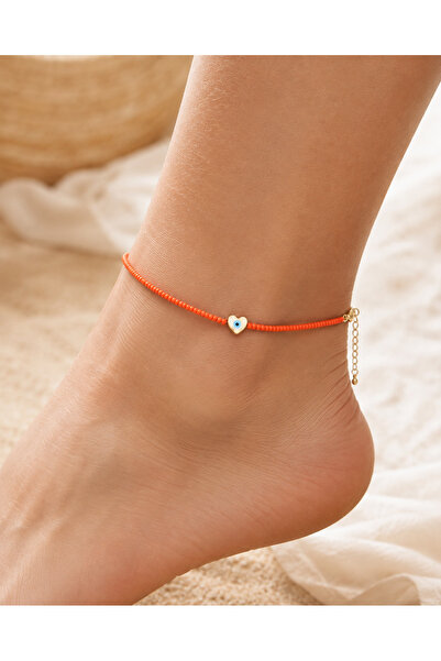 ByMerve Bym Coral Orange Sand Bead Gold Evil Eye Detailed Adjustable Women's ...