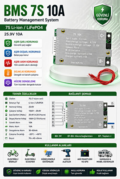 RoboPazar BMS 7S 10A Li-ion Batarya Koruma ve Dengeleme Kartı – 25.9V 7 Hücre Battery Management System