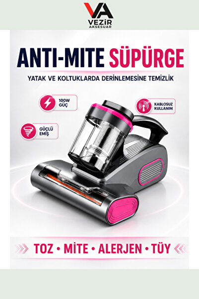 Vezir Aksesuar Anti-Mite Yatak Süpürgesi 100W Şarjlı UV Işıklı Toz Akarı Temi...