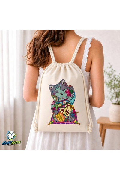 Ghostbastır Design Lucky Cat Drawstring Linen Bag C303