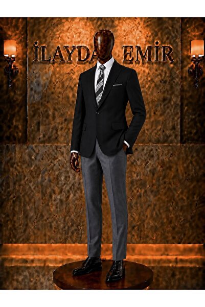ilayda emir Erkek Slim Fit Siyah Gri Takım Elbise – Gömlek Klasik Şık İş, Dam...