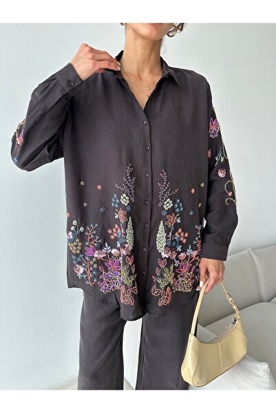 MİA NOURA Women's Oversize Shirt with Beading on Front, Back and Sleeves