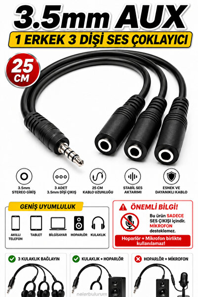 nelerbulurum Yüksek Kaliteli 3.5mm AUX 3’lü Kulaklık Hoparlör Çoklayıcı – Telefon, Laptop, Tablet, PC, Araç Ses Sistemi Uyumlu Stereo Splitter 5+1 Ses Sistemi Bağlantı 25 cm