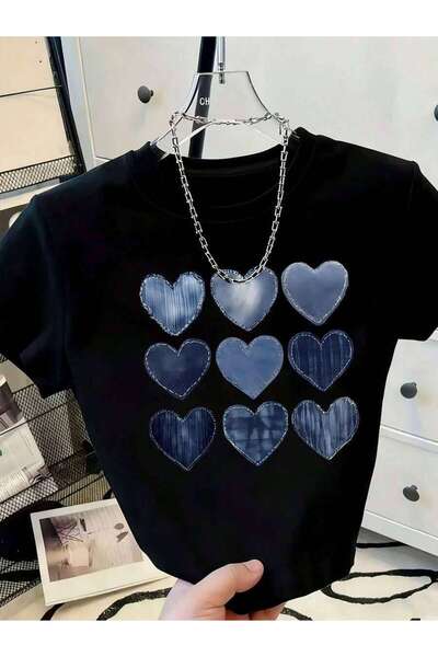 25W [Women's T-Shirt] 2026 Spring/Summer New Women's Round Neck Heart Print F...