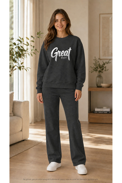 EMMODA Women's Great Day Written Sweatpants Set/Round Neck Sweatshirt and Swe...