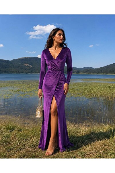 Modafeminen Purple Slit and Belt Detailed Corduroy Evening Dress 581905