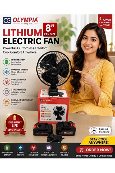 Olympia 8 Inch Lithium Electric Fan, Cordless Rechargeable Portable Table Fan...