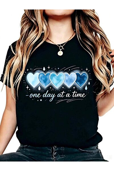 21JNRY Casual Style Women's T-Shirt Blue Hearts One Day At A Time Graphic Tee...