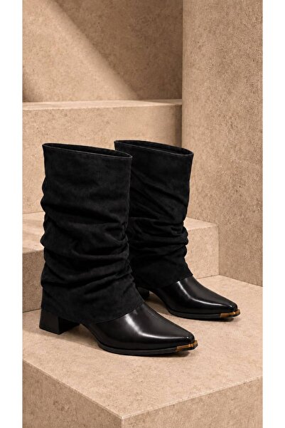 İncimoda Livamod Women's Bellows Suede Detailed Pointed Toe Thick Heeled Ankl...